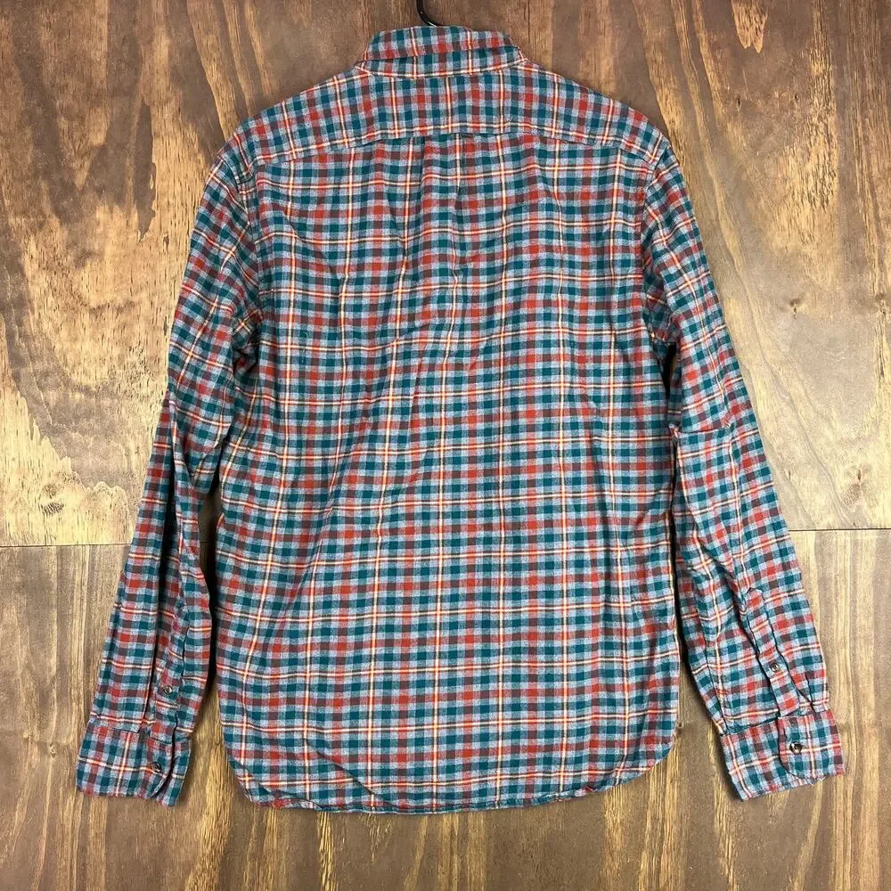 J Crew Mens Flannel Shirt Multicolor Green Gray Orange Plaid Slim Button Down L
